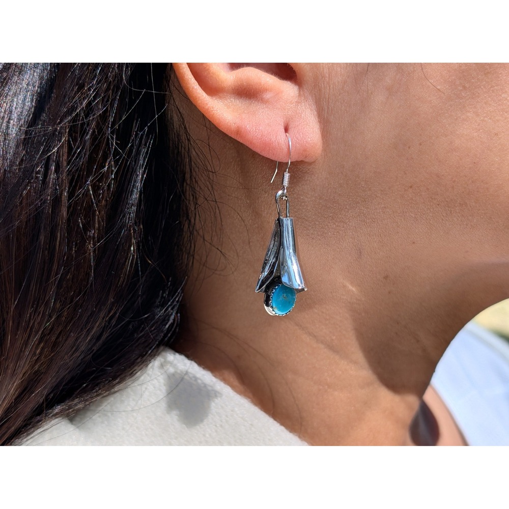 Navajo Sleeping Beauty Turquoise Squash Blossom Dangle Earrings